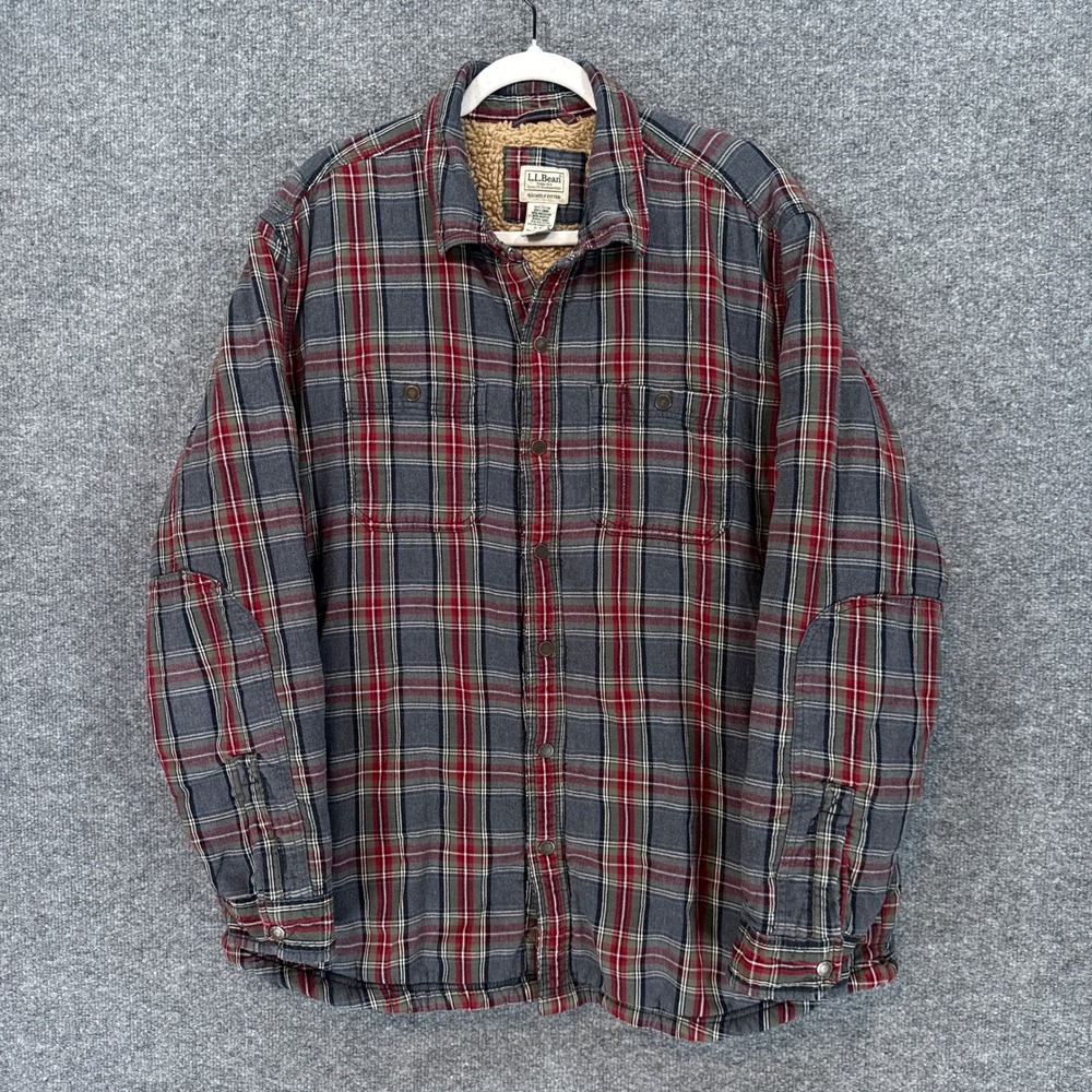 L.L Bean Sherpa Lined Flannel Shirt Mens XL Gray Red Plaid Snap Front Shacket